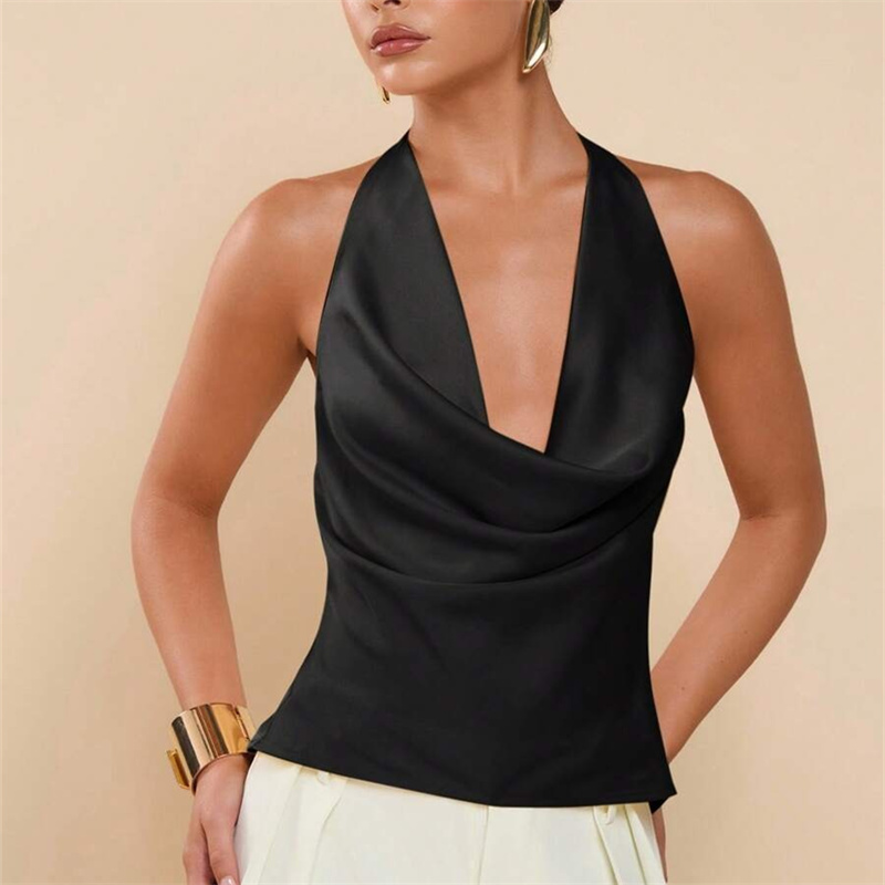 Haut court à col bénitier pour femme, en satin, style débardeur halter, camisole d'été sans manches, élégant pour soirée