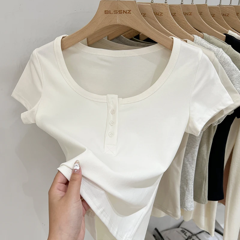 Femmes T-Shirt bouton T-Shirt femme vêtements hauts coton mince T-Shirt femme à manches courtes haut été T-Shirt Sexy Canale Y2k