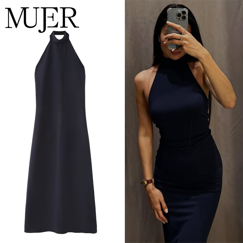 MUJER froncé licou robe femme épaules dénudées robes longues pour les femmes Sexy dos nu robes de soirée plage Midi femmes robe d'été