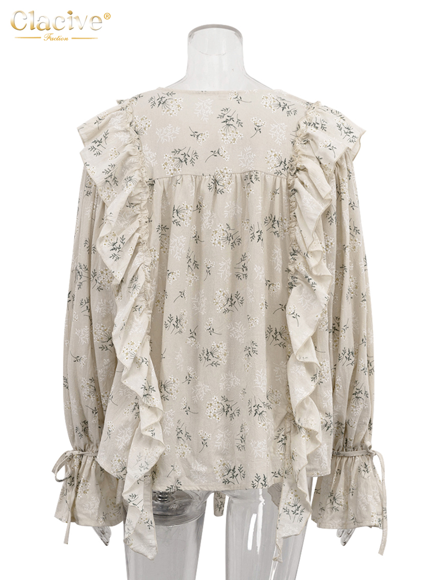 Clacive mode ample imprimé chemise pour femme 2025 décontracté col rond à manches longues chemises élégant classique à volants hauts vêtements féminins