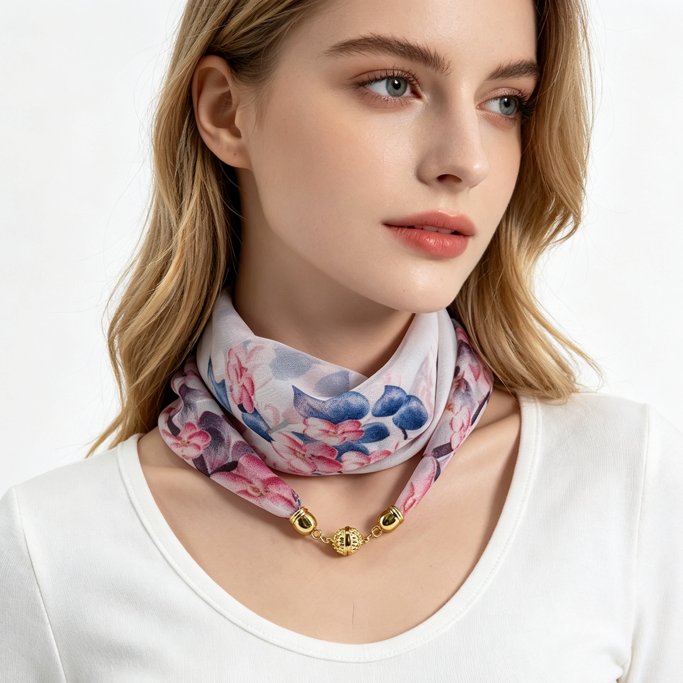 Écharpe de cou à imprimé floral avec boucle magnétique pour femme, écharpe fine semi-transparente en mousseline, facile à porter, tendance et assortie