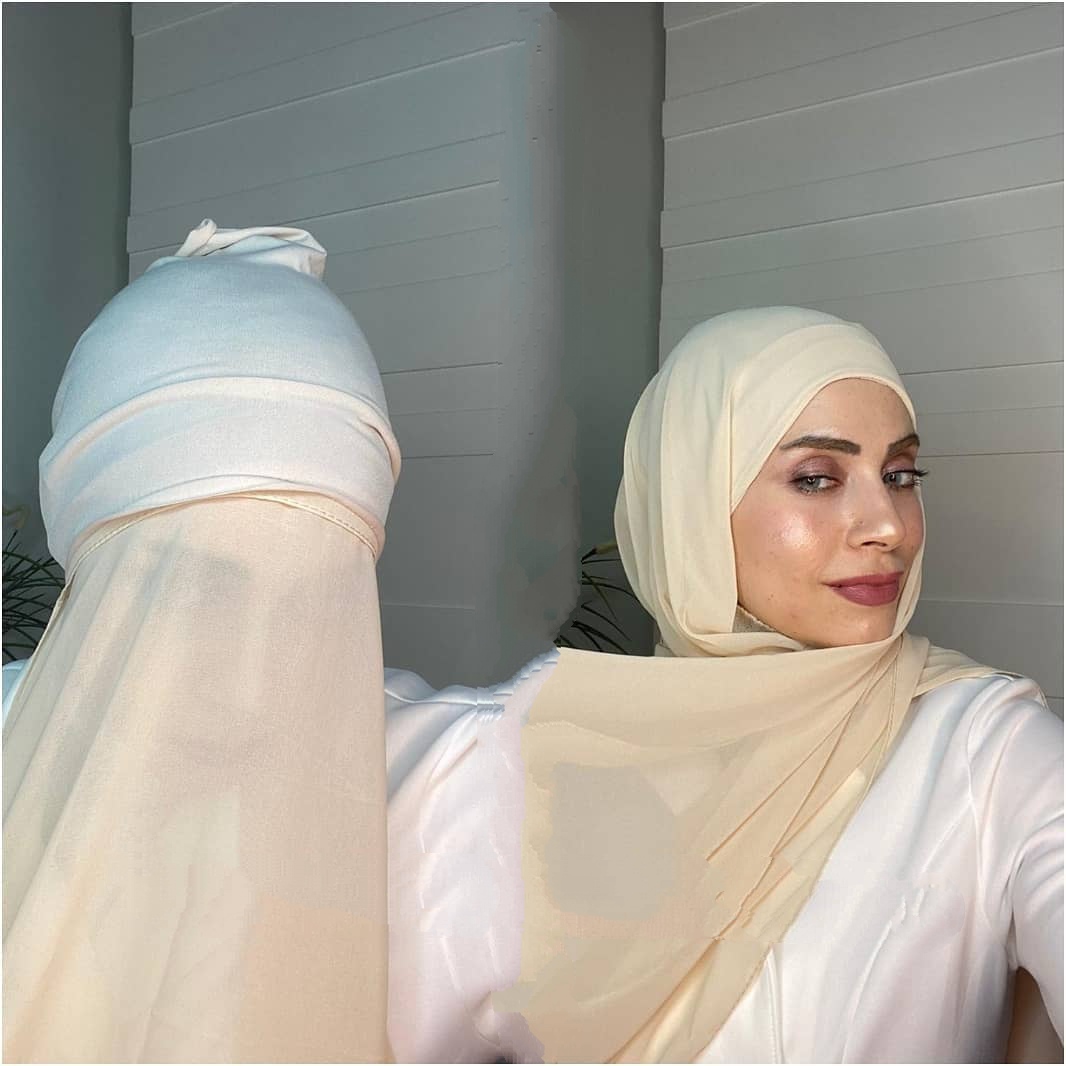 Hijab instantané en mousseline de soie, avec sous-écharpe Modal pour femme musulmane, châle en mousseline de soie de couleur unie, prêt à porter, bonnet sous-vêtement Hijab