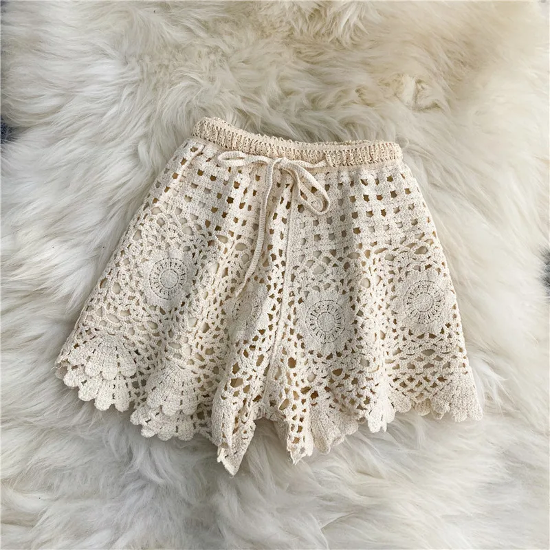 Boho-Short de vacances au crochet pour femme, taille haute, amissié, à lacets, court, été, livraison directe