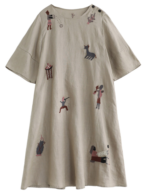 Robe d'été décontractée et confortable pour femme, broderie vintage de dessins animés, col rond, manches courtes, en coton et lin