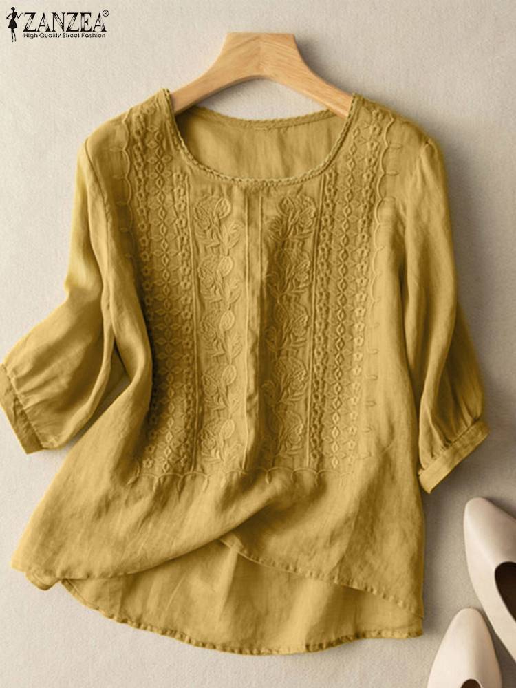 ZANZEA femmes élégantes chemisiers brodés automne 2024 3/4 manches bouffantes Transparent Blusas Mujer décontracté Vintage coton dessus de chemise