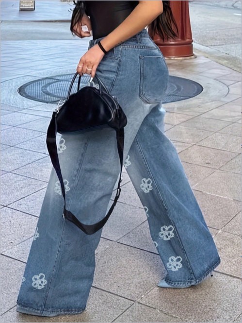 Jean femme 2025 printemps automne nouvelle mode imprimé fleuri taille haute poche conception jean ample jambe droite pantalon décontracté