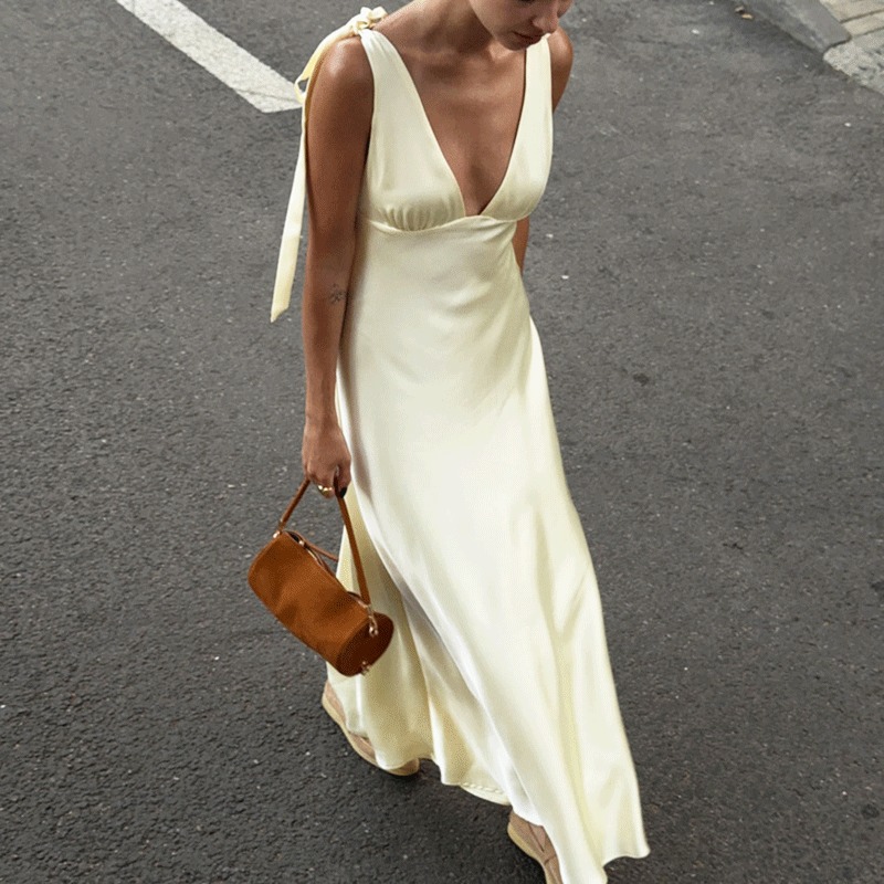 Robe longue élégante Talenza pour femme, col en V, dos nu sexy, en dentelle, sans manches, taille haute, pour soirée et fête