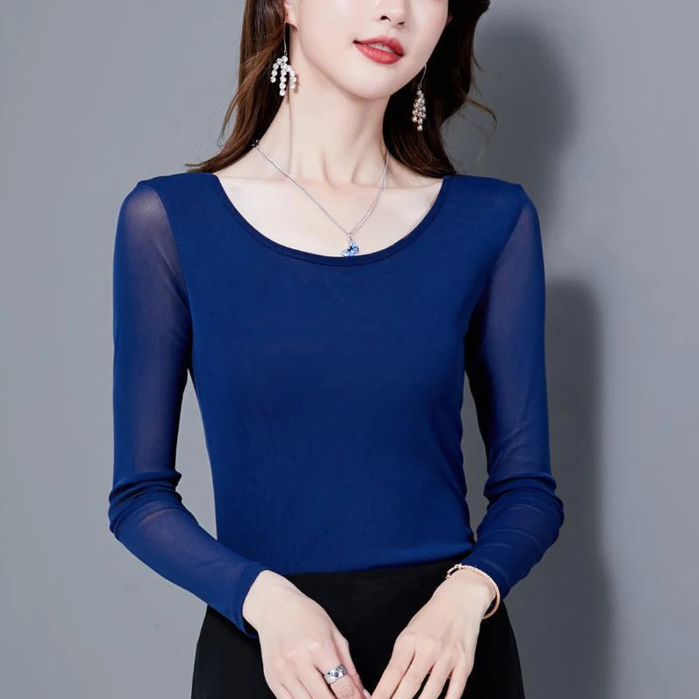 Femmes à manches longues T-Shirts 8 couleurs taille S-4XL Perspective maille col rond femme sommets Blouses à manches longues col rond t-shirt hauts