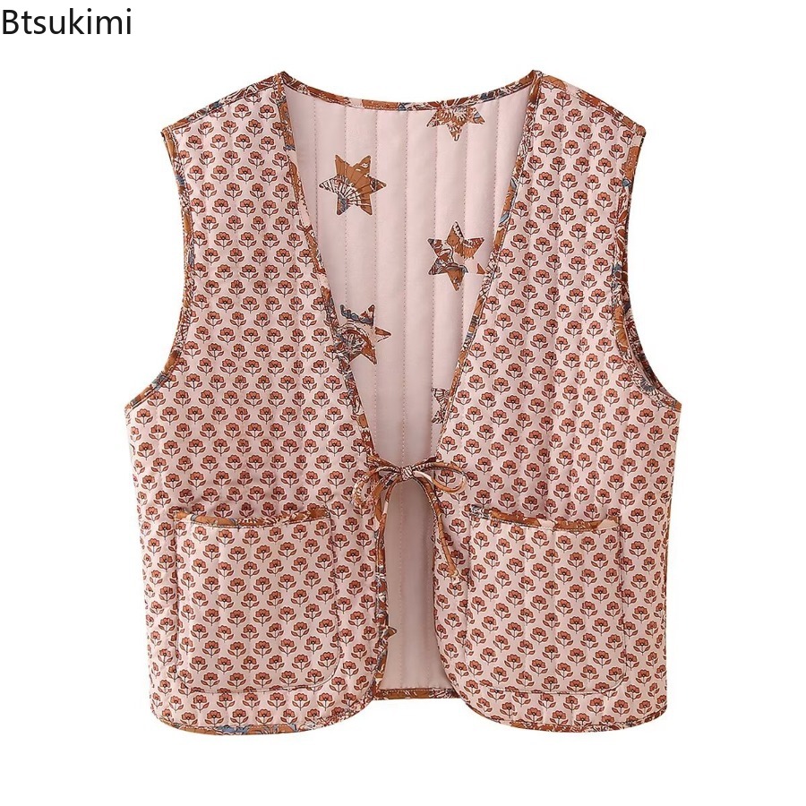 Gilets Double face à imprimé Floral pour femmes, sans manches, à nouer sur le devant, matelassés, vêtements d'extérieur d'automne, Vintage, élégants, décontractés