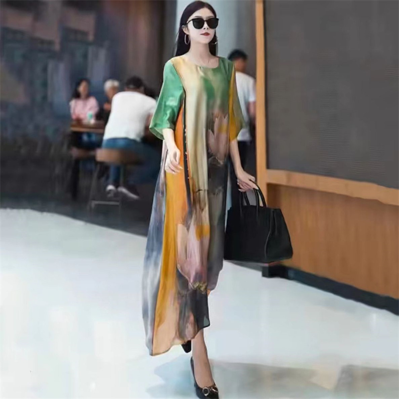 Robe longue amincissante d'été haut de gamme, tendance, style rétro, jupe large avec imprimé floral, coupe ample et amincissante