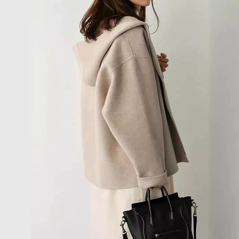 Manteaux en laine mélangée à capuche pour femmes, nouvelle collection automne-hiver 2026, vêtements d'extérieur décontractés à fermeture éclair, veste vintage simple à manches longues pour femme.