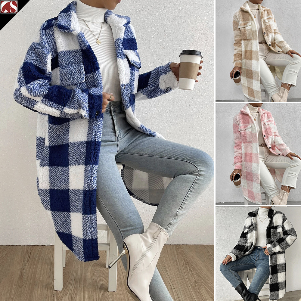Sweat-shirt Long en molleton à carreaux pour femmes, manteau automne-hiver, col rabattu, manches longues, poches, boutons, ample, flurry, Trench-Coat x-long