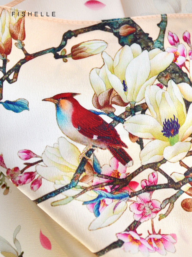 Foulard Carré en Soie Naturelle pour Femme, Petit Mouchoir, Style Chinois, Peinture d'Oiseau et de Fleur