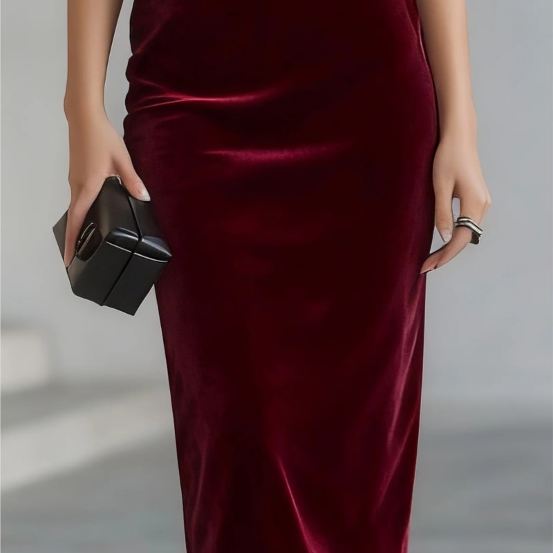 Robe de soirée élégante en velours uni avec fente, style sexy, épaules dénudées, manches cape en maille, coupe ajustée pour femme