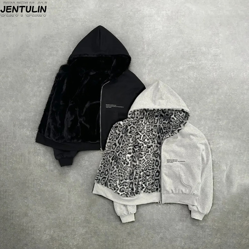 Hip Hop nouveau vêtement double face Harajuku rétro imprimé léopard à la mode ample sweat à capuche avec fermeture éclair hommes rue sweat-shirt décontracté femmes