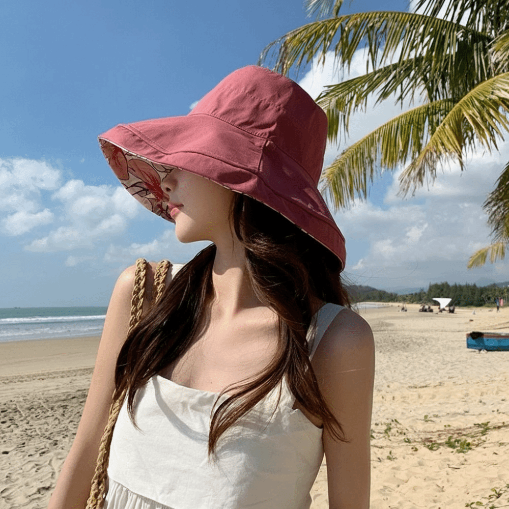 Chapeau de pêcheur double face pour femme, couleur unie, large bord, chapeau de soleil d'été respirant, imprimé floral, visière de protection solaire, casquette de plage