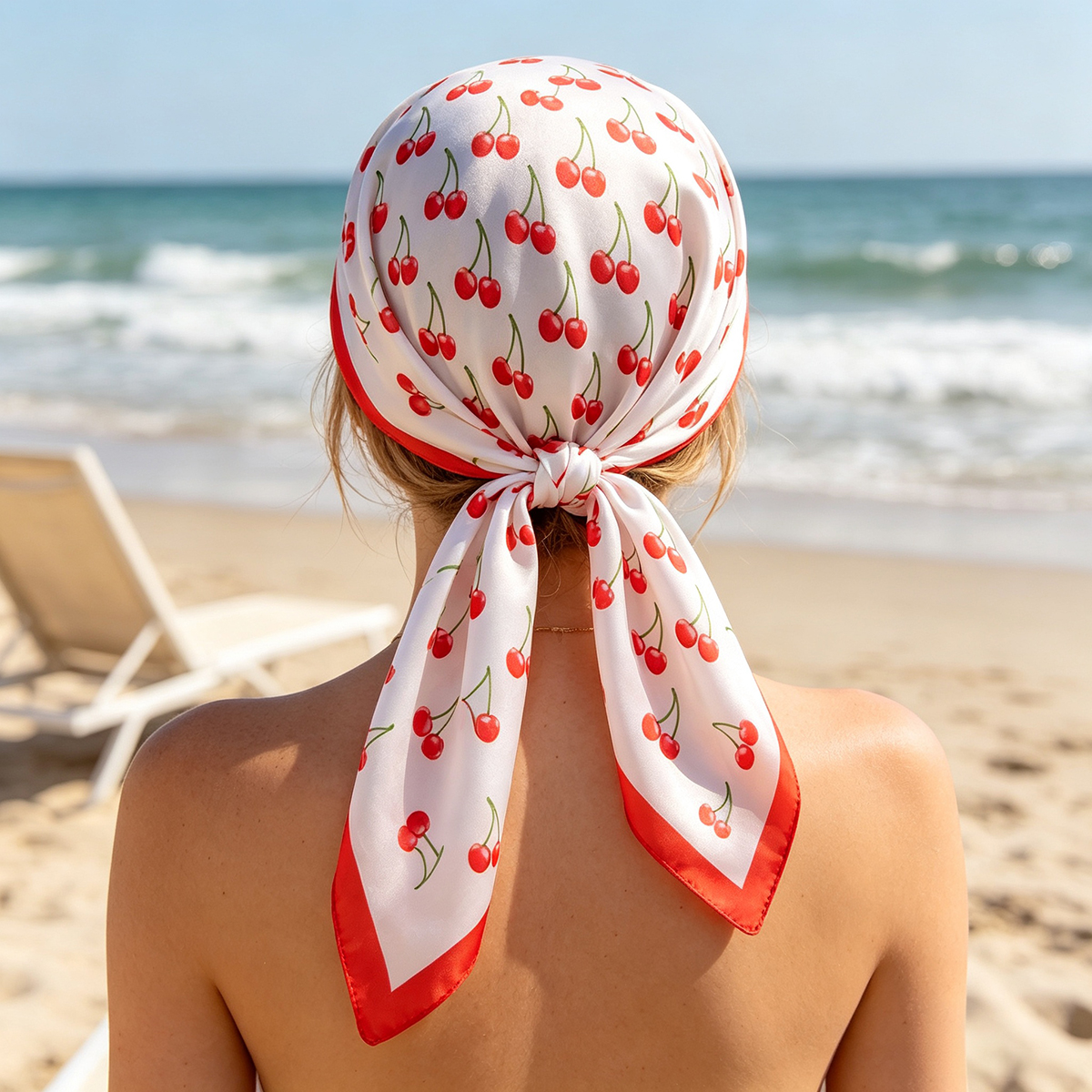 Écharpe carrée en satin de luxe 70x70cm, motif cerise mignon, châle pour femme, petit sac tendance, bandeau pour cheveux, bandana
