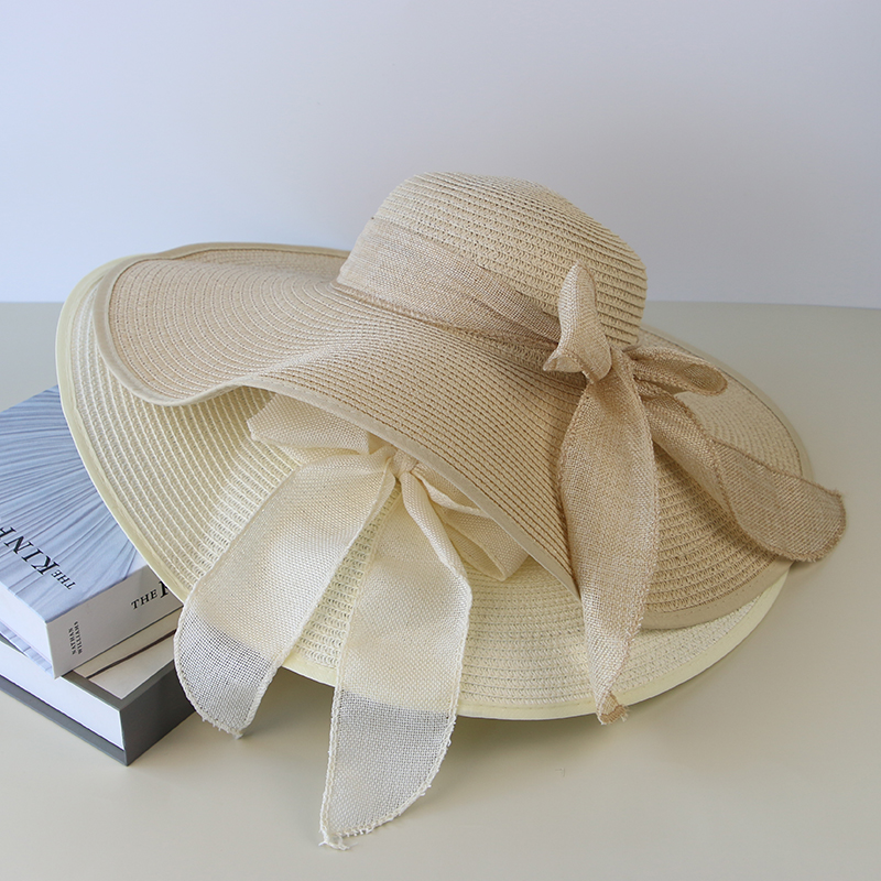 Chapeau de paille d'été pour femme avec nœud, large bord souple, style Panama, pliable, pour la plage et l'extérieur