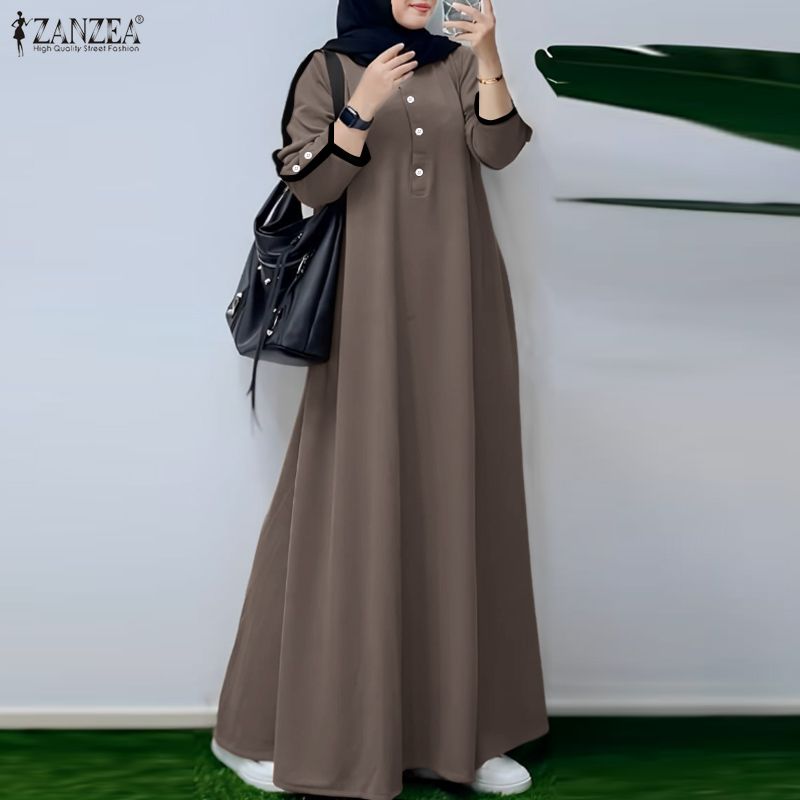 Robe Abaya Musulmane à la Mode 2026 ZANZEA Robe de Ramadan Robe Maxi Longue Printemps Femme Col Rond Manches Longues Robe d'été Kaftan Robes de l'Aïd