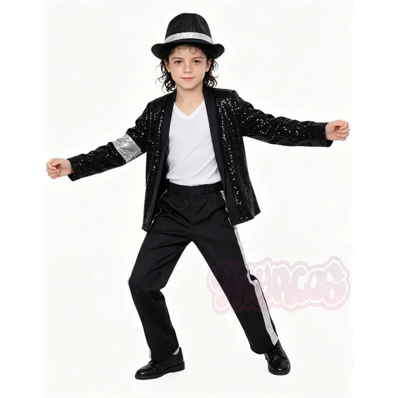 Costume de Michael Jackson pour adolescents, cosplay, danse, costume noir, danse disco, vêtements d'Halloween, tenue de scène scintillante