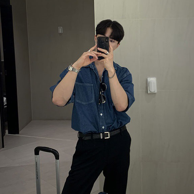 Chemise de poche à manches courtes en denim pour hommes, streetwear populaire coréen, vêtements d'été de luxe, boutonné de loisirs