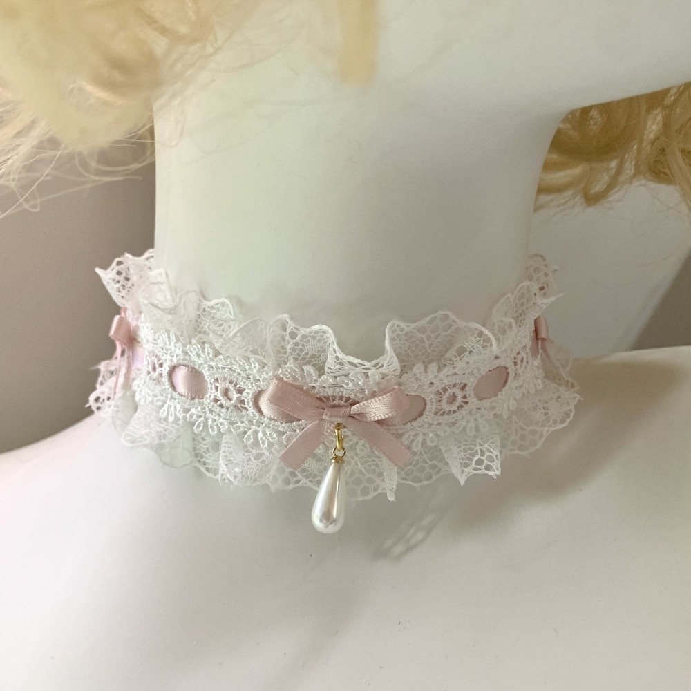 Collier en dentelle Lolita avec nœud en tissu, ruban en satin et pendentif goutte d'eau, accessoires de costume