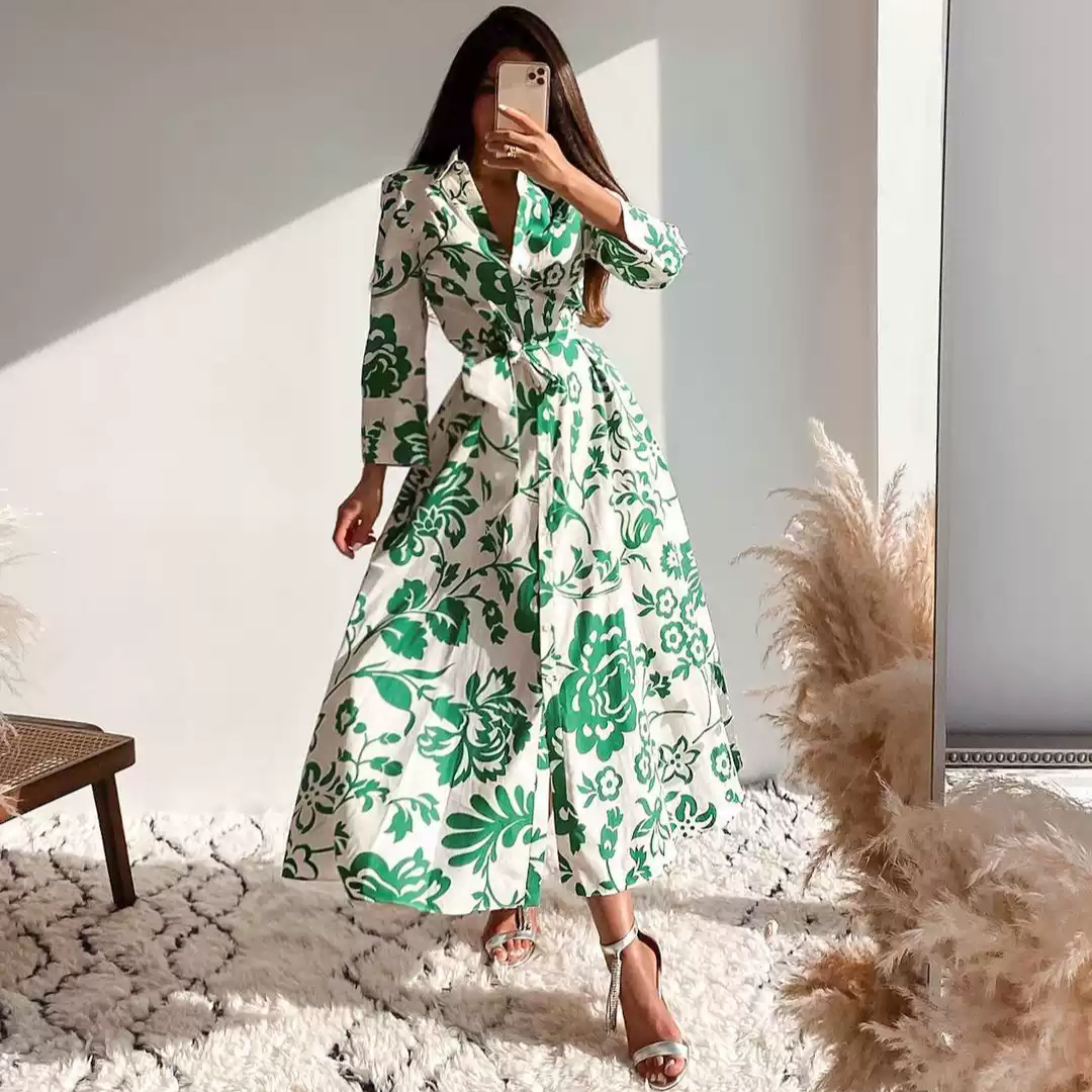 Robe maxi en rayonne de coton à imprimé floral vert pour femmes, robe vintage à manches longues, robe bohème décontractée pour dames, vêtements éducatifs, printemps, automne