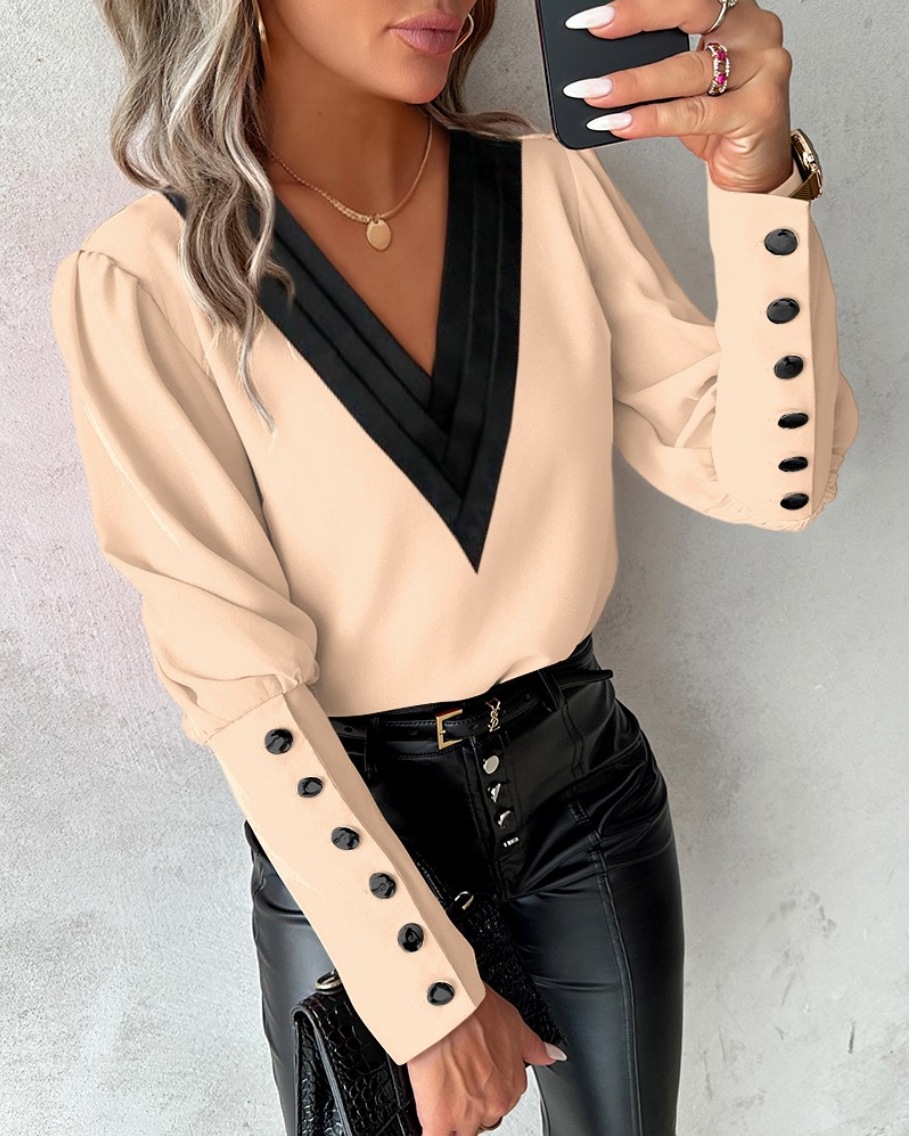 Bureau dames col en v bouton chemise Blouse printemps automne mode couleur correspondant à manches longues chemises pour femmes 2024 hauts blancs Femme