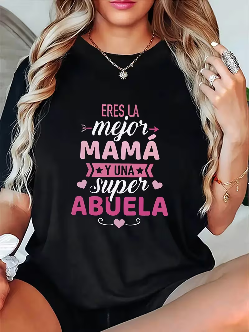T-shirt décontracté à manches courtes pour femme, léger et confortable, avec texte en espagnol, idéal pour les réunions de famille et le quotidien