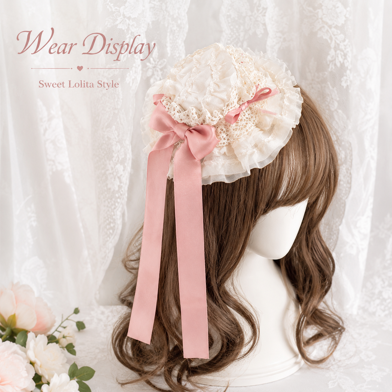 Bonnet vintage en dentelle Lolita avec long ruban en satin, accessoire pour cheveux à volants pour femmes et filles, 3 couleurs