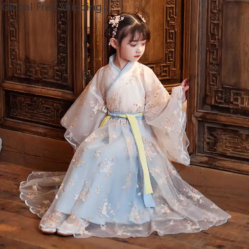 Robe chinoise en soie pour filles et enfants, Kimono traditionnel chinois Vintage ethnique Antique, Costume de danse, ensemble Hanfu Cosplay