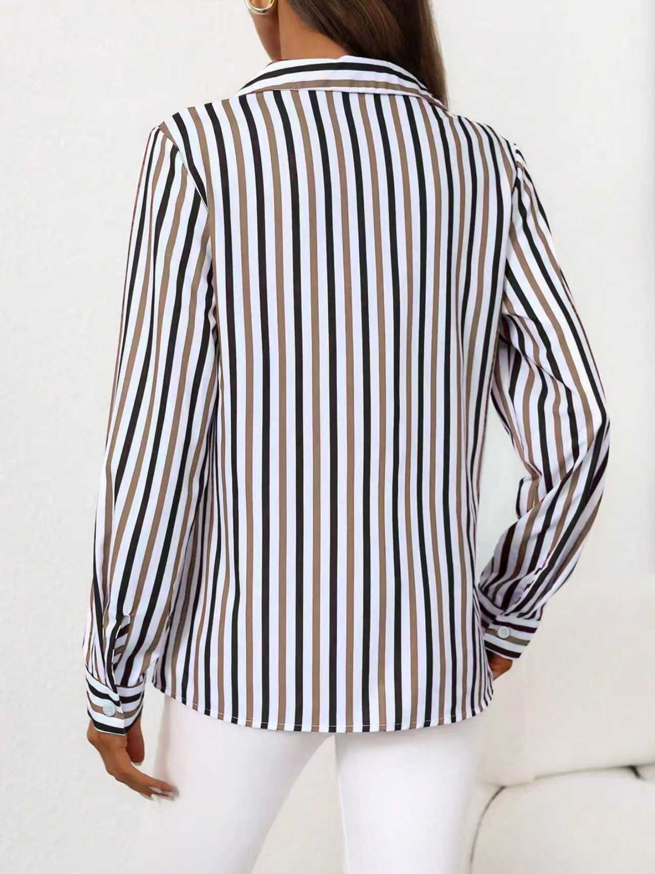 Chemise élégante à rayures pour femmes, boutonnée, manches longues, col rabattu, chemisier formel de bureau