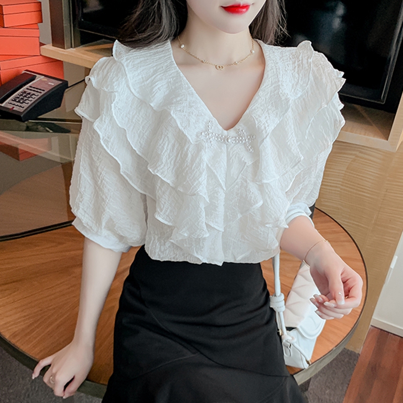 Blouses en Chiffon Blanc à Volants pour Femmes, Mode Été 2026, Blusas Décontractées Style Coréen, Manches Bouffantes Vintage Y2K, Hauts Femme