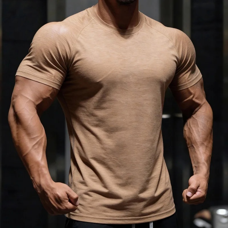 T-shirt de sport pour homme, confortable et respirant pour l'été, coupe ajustée, fitness, entraînement, décontracté, couleur unie