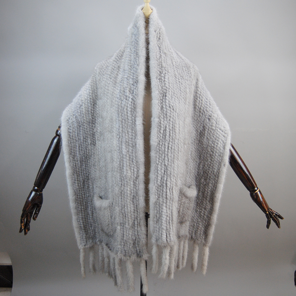Dame hiver chaud naturel fourrure de vison Pashmina écharpe femmes tricot 180x35 cm vraie fourrure de vison chaîne foulards femme vison fourrure Poncho silencieux