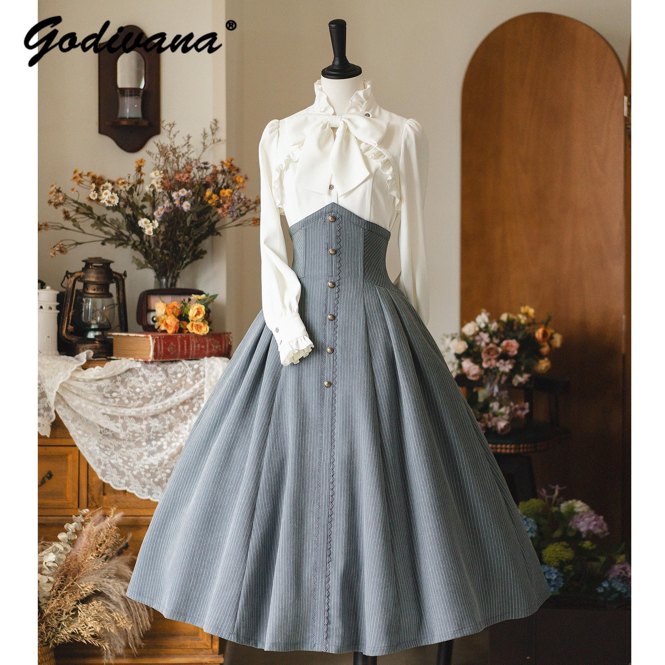 Ensemble jupe rétro Original pour femmes, nouvelle collection printemps, col montant, chemise à manches longues, petit manteau Cape, jupe longue classique élégante