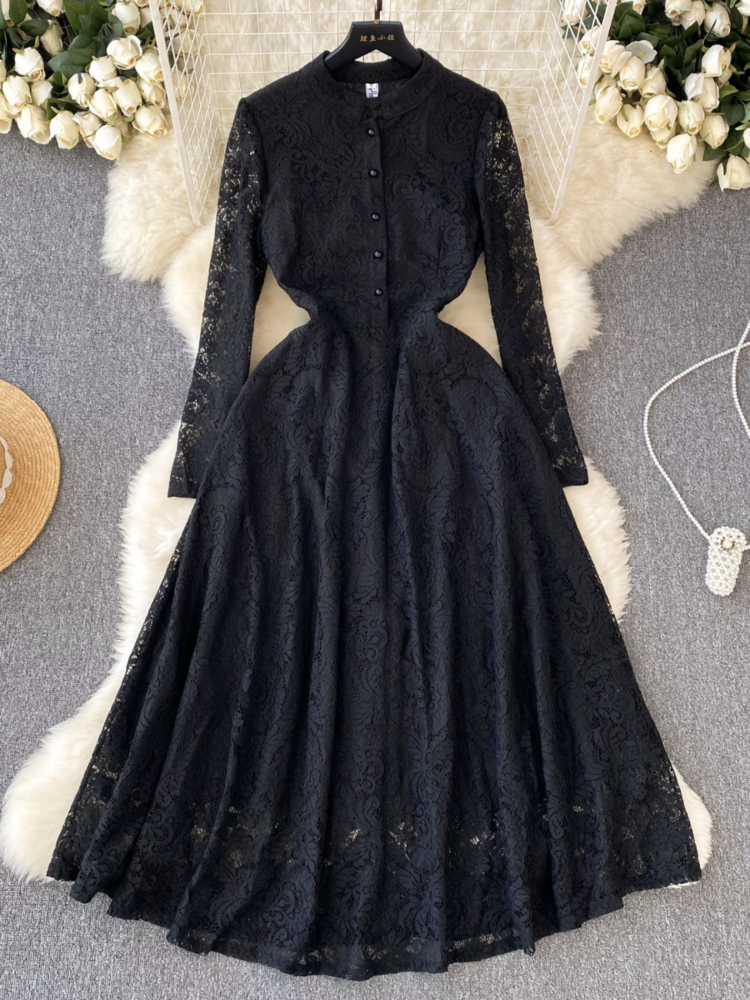 Robe de soirée florale vintage noire pour femme, col montant, manches longues, robes en dentelle, français, élégant, éducatif, printemps, automne