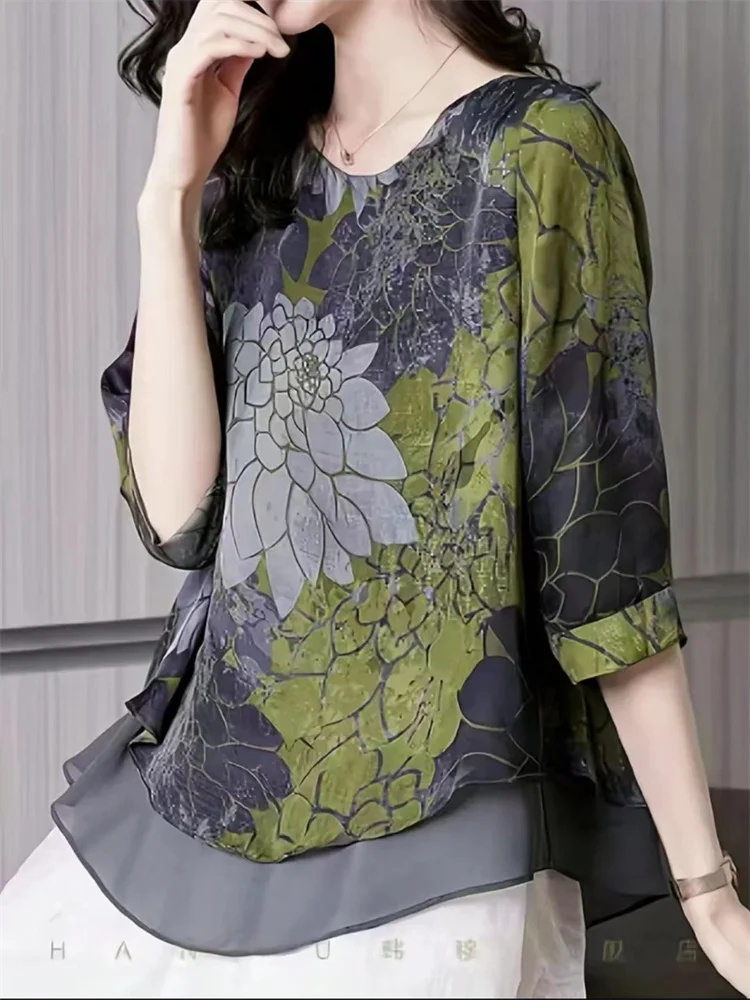 Chemisier en mousseline de soie à manches mi-longues et col rond pour femmes, chemises décontractées pour dames, style d'été