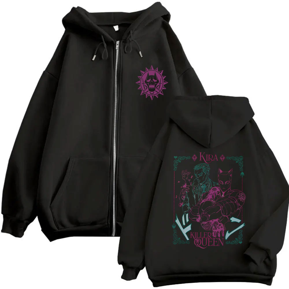Anime Jojo's Bizarre Adventure Kira Killer Queen sweat à capuche avec fermeture éclair hommes femmes Manga décontracté Vintage veste zippée mâle manteau surdimensionné