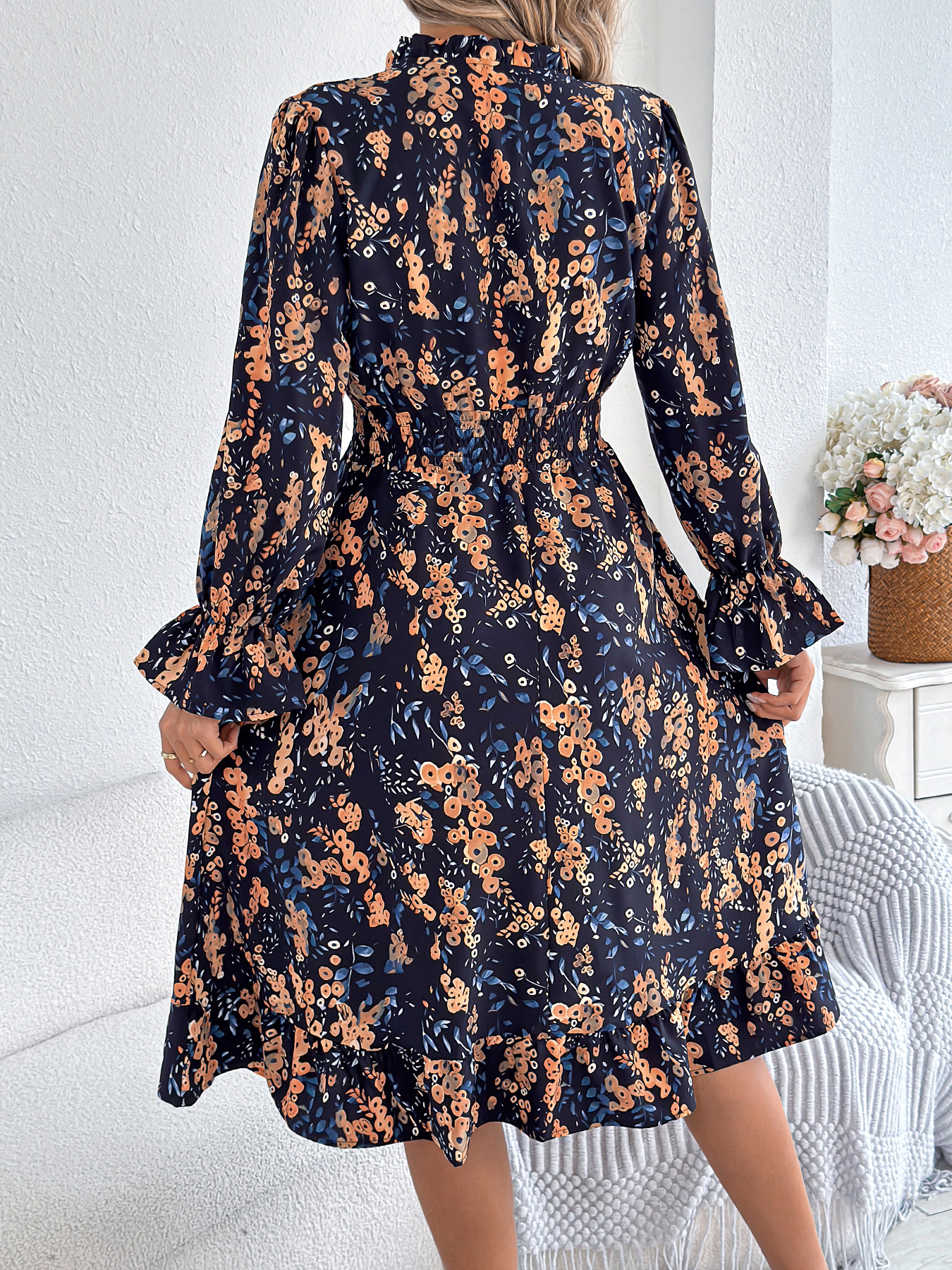 Robes élégantes à imprimé floral pour femmes, collection automne-hiver 2026, décontractées, col en V, manches longues évasées, robe trapèze à volants