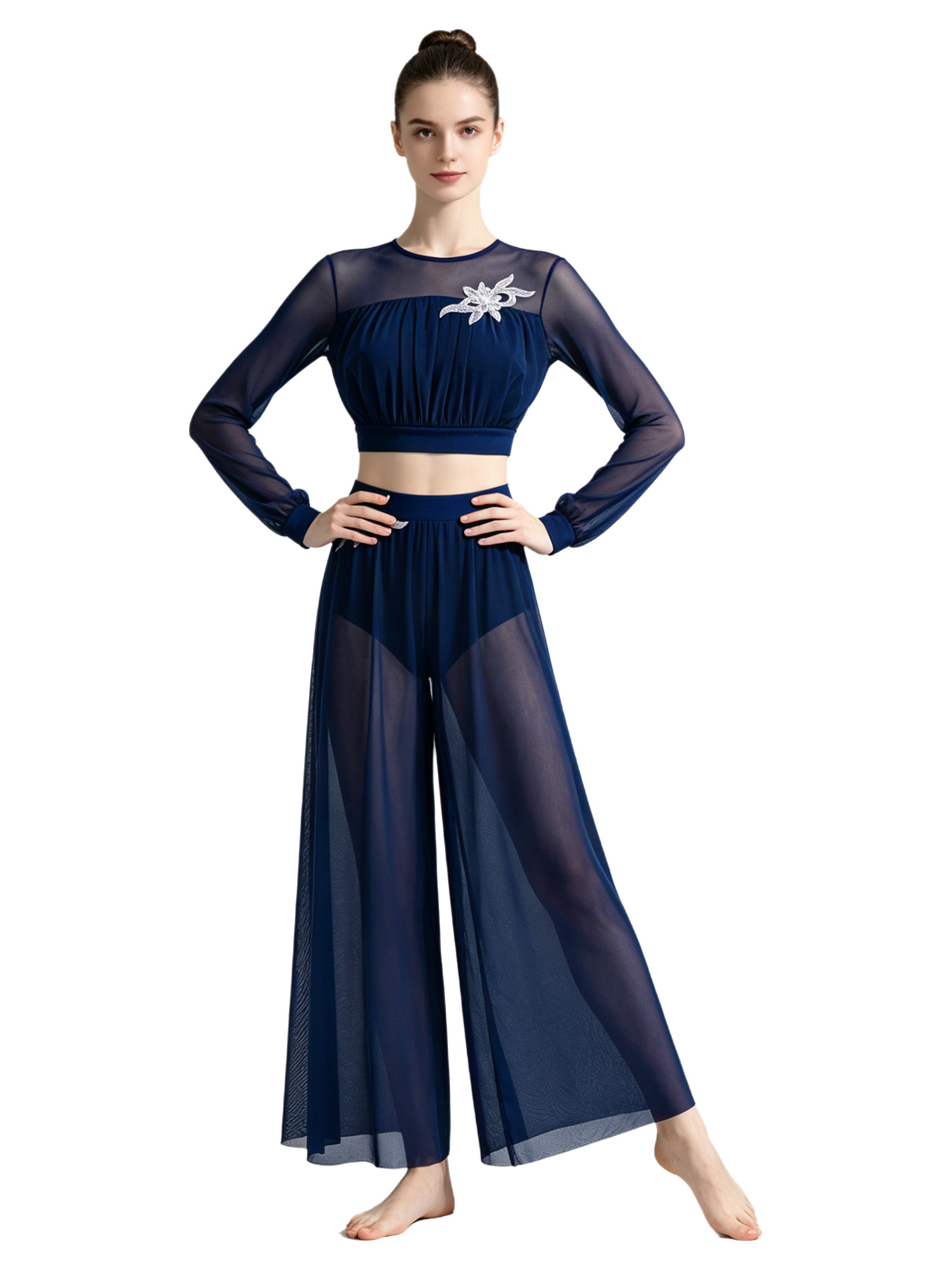 Tenue de danse lyrique moderne pour femme avec appliques à sequins, haut court dos nu à manches lanternes et pantalon fluide en maille transparente