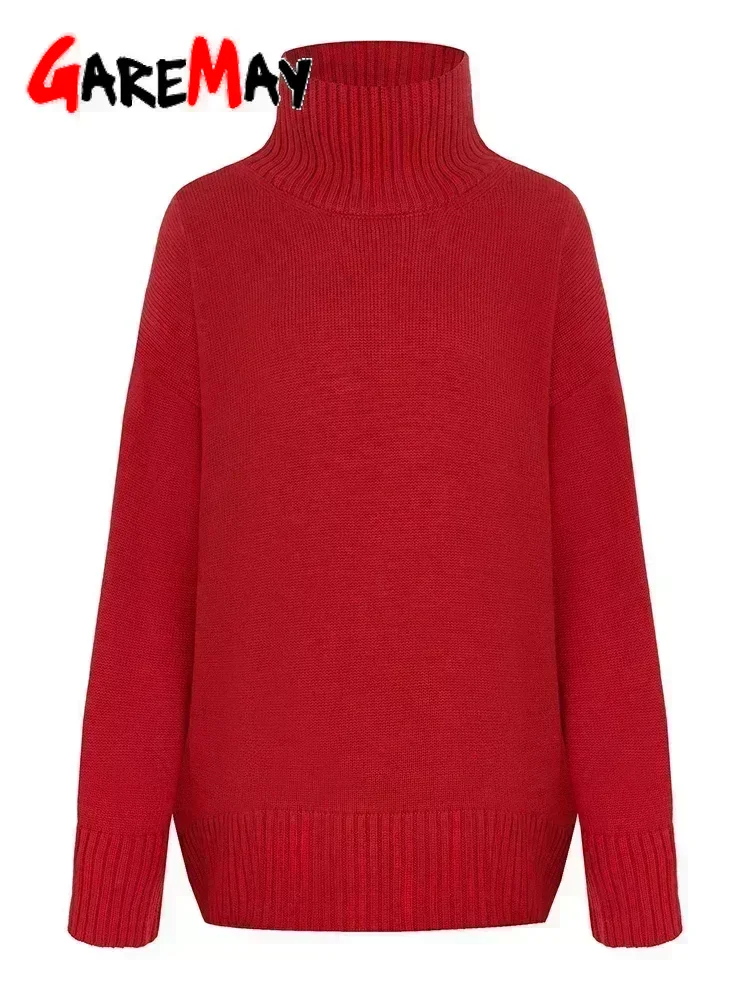 Pull à col roulé surdimensionné pour femme, pull chaud, gris doux, vintage, tout rouge, hiver, 2025