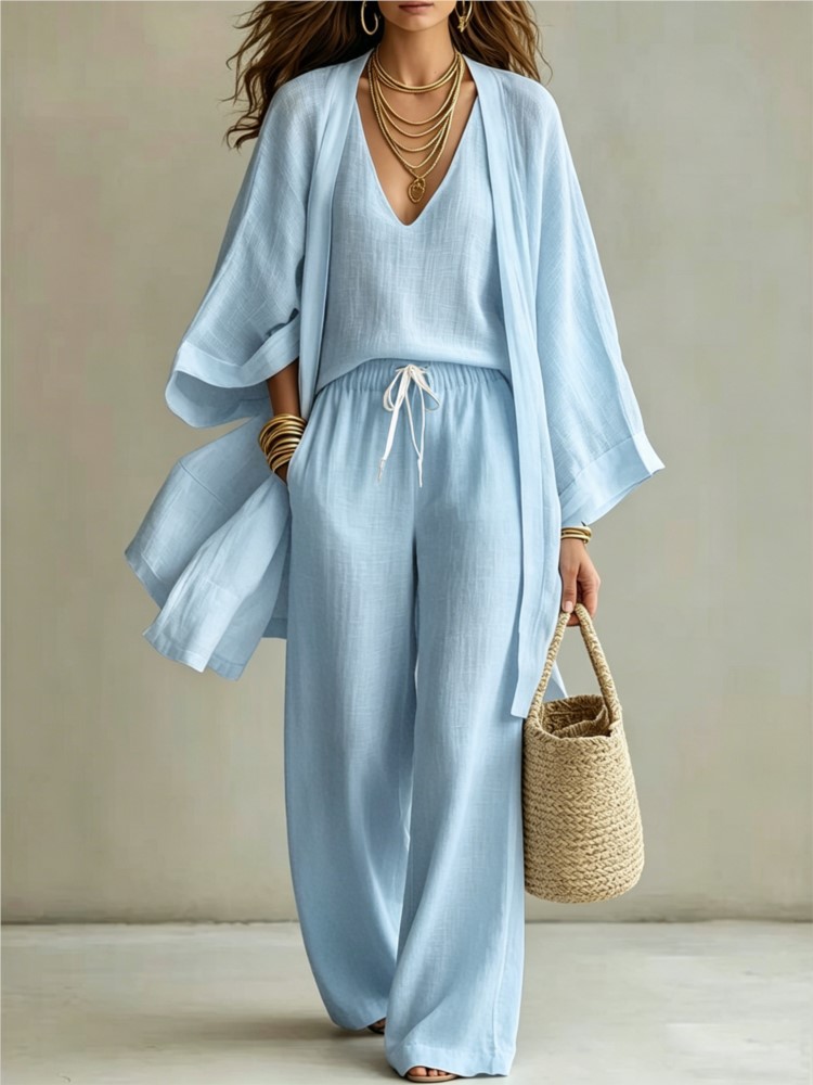 Ensemble trois pièces pour femmes, été, nouveau, couleur unie, décontracté, coton et lin, cardigan à manches trois-quarts, gilet sans manches, pantalon long