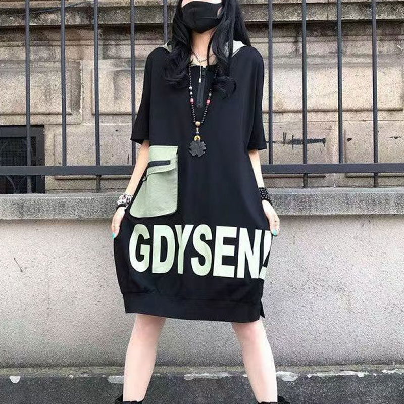 Robe mi-longue ample à capuche, décontractée, fermeture éclair, vêtements pour femmes, couleurs contrastées élégantes, épissées, lettres imprimées, robes droites, été