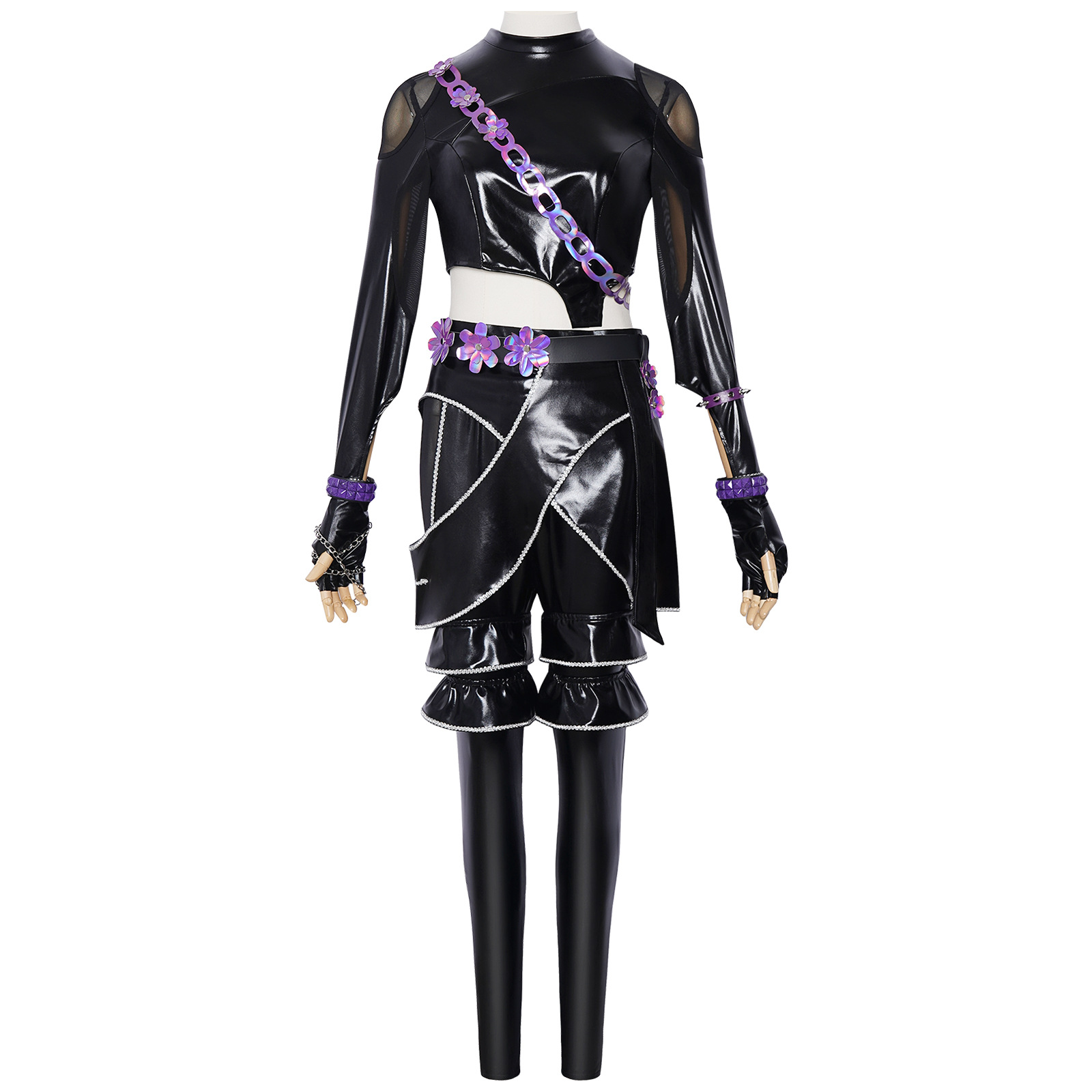 Tenues Kpop pour femmes, ensemble en cuir PU noir et violet, style Y2K cyberpunk streetwear, sexy, patchwork en mesh, costume de performance de danse jazz