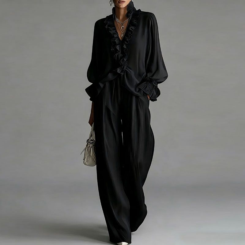 Ensemble décontracté blanc 2 pièces pour femme, chemisier sexy à volants col en V manches longues et pantalon large, tenue bohème printemps-été