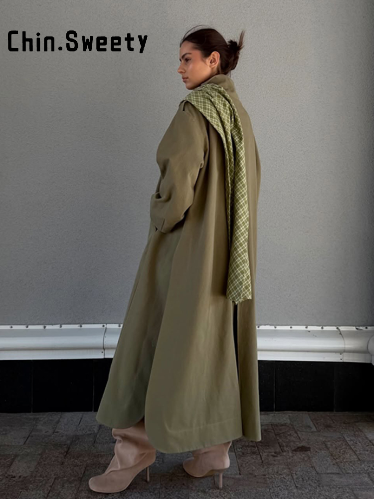 Manteau long trench à col montant ample et manches longues pour femme, coupe-vent fendu à boutonnage simple avec écharpe à carreaux, manteau d'automne 2026 pour femme