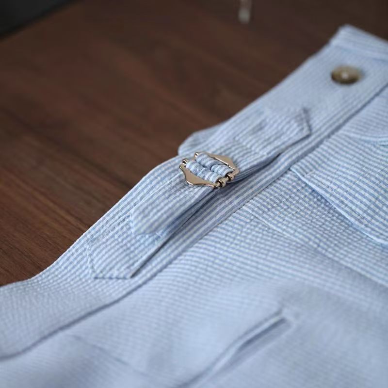Mode hommes Style italien Naples costume pantalon rayures bleues Seersucker taille haute Paris boucle pantalon angleterre affaires décontracté Pa