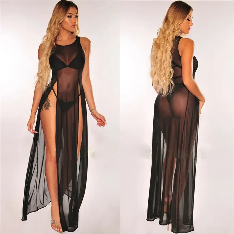 Robe longue en maille transparente pour femme, robe de plage sexy, robe d'été, bretelles en fibres solides, fente haute, couverture de bikini, été
