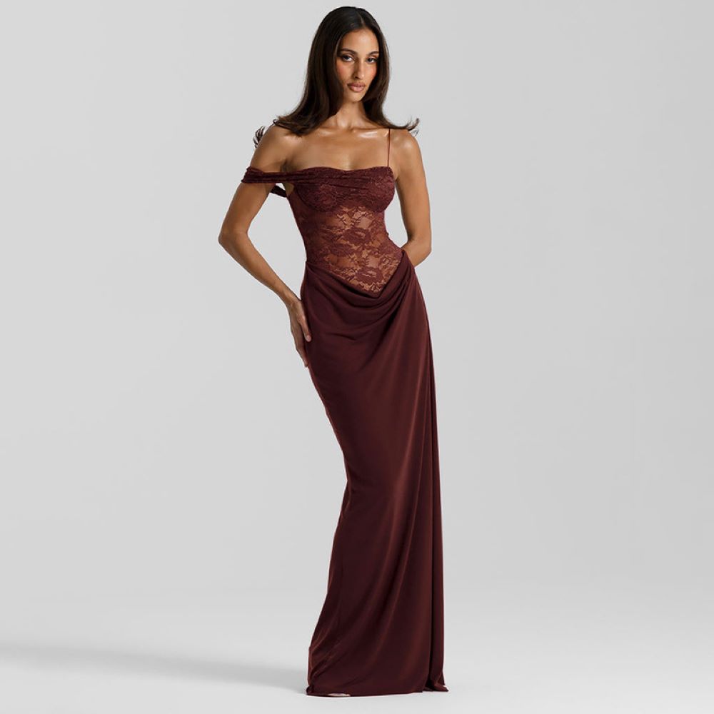 Robe longue drapée marron en dentelle transparente pour femme, robe de soirée sexy à fines bretelles, robe de mariée noire ou bordeaux pour invitée